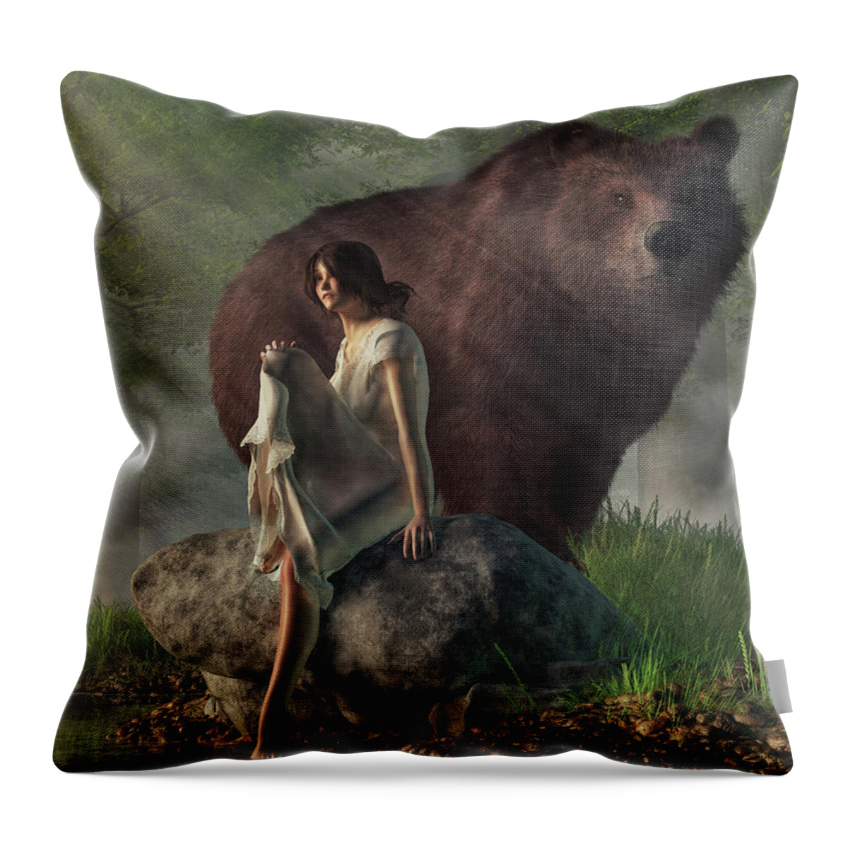 Grizzly Bear Throw Pillow featuring the digital art Grizzly Bear and Girl in a Nightgown by Daniel Eskridge