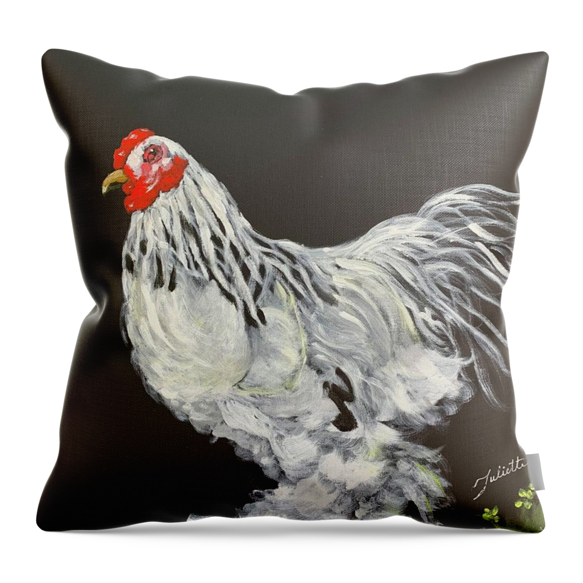 Rooster Throw Pillow featuring the painting Guardian of the Farmyard by Juliette Becker
