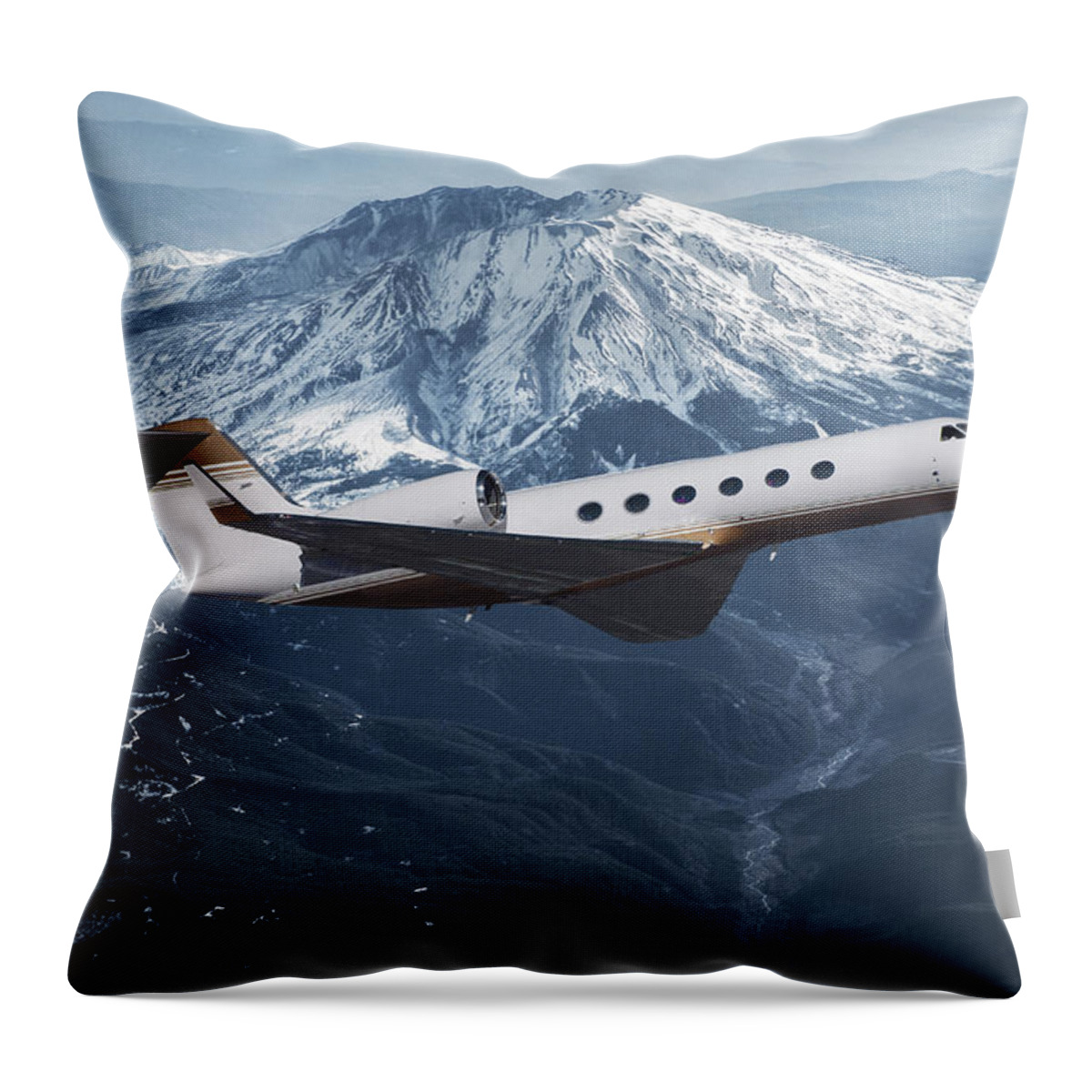 Gulfstream 550 Business Jet Throw Pillow featuring the mixed media Gulfstream 550 and Mt. St. Helens by Erik Simonsen