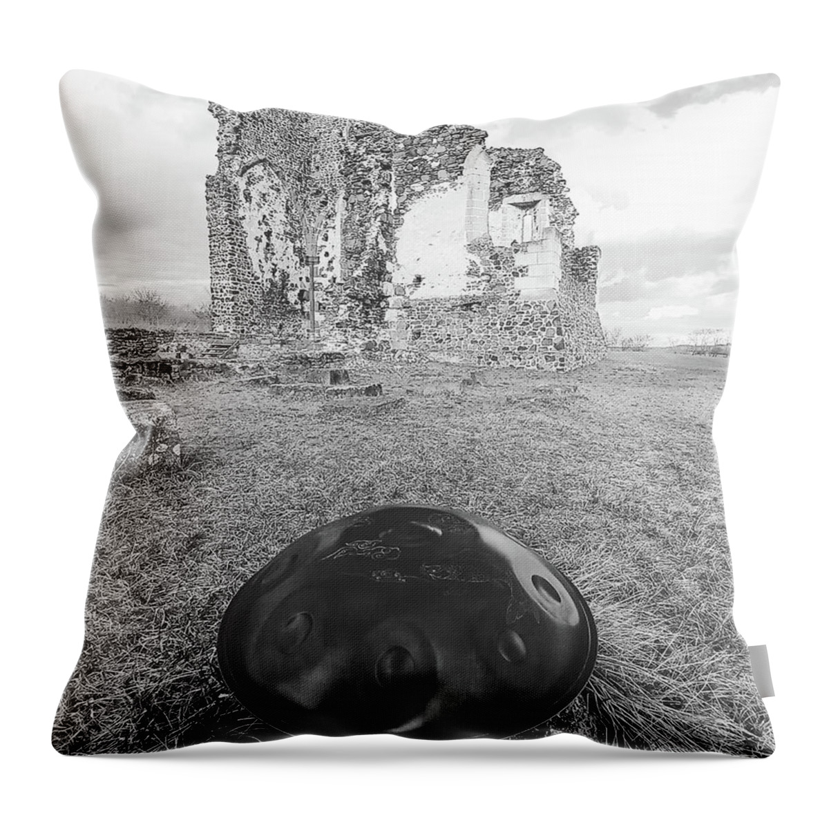 Ruin Throw Pillow featuring the photograph Handpan at ruins by Alexa Szlavics