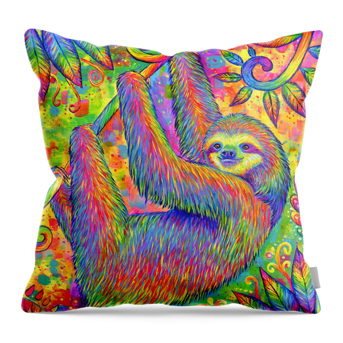 Sloth Throw Pillow featuring the painting Hanging Around - Psychedelic Sloth by Rebecca Wang