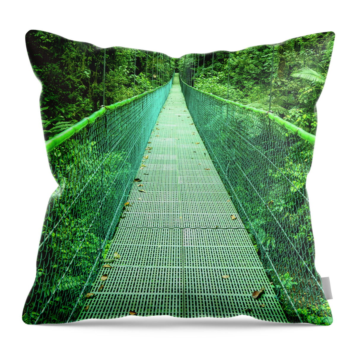 Hanging Bridge Throw Pillow featuring the photograph Hanging Bridge in Cloud Forest in Monte Verde Costa Rica by Leslie Struxness
