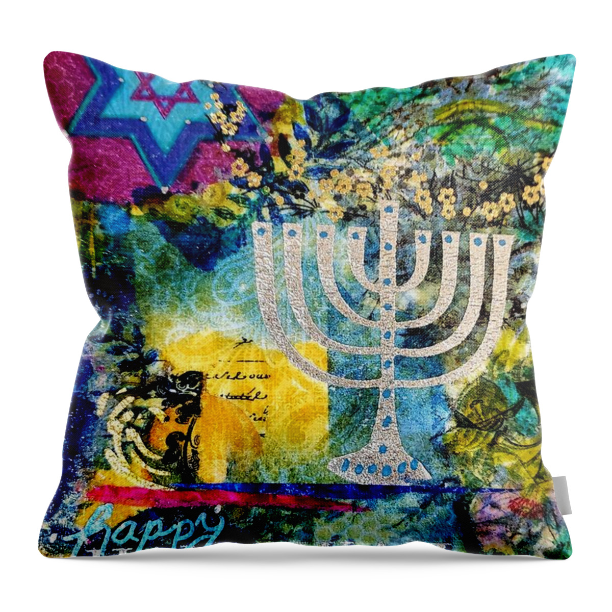 Chanukkah Throw Pillow featuring the mixed media Hanukkah Vibes by Deborah Cherrin
