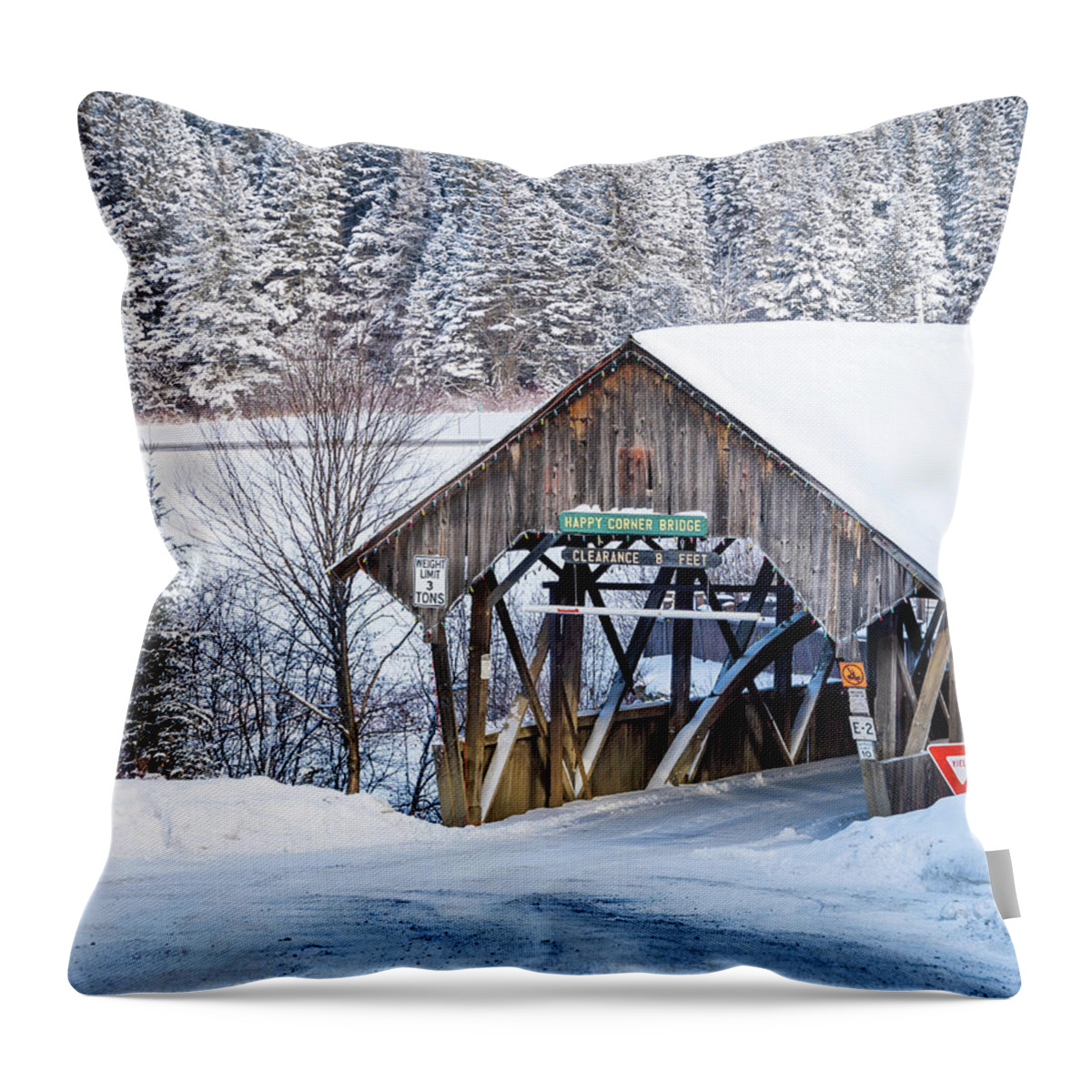 Covered Throw Pillow featuring the photograph Happy Corner Covered Bridge Vertical - Pittsburg, New Hampshire by John Rowe