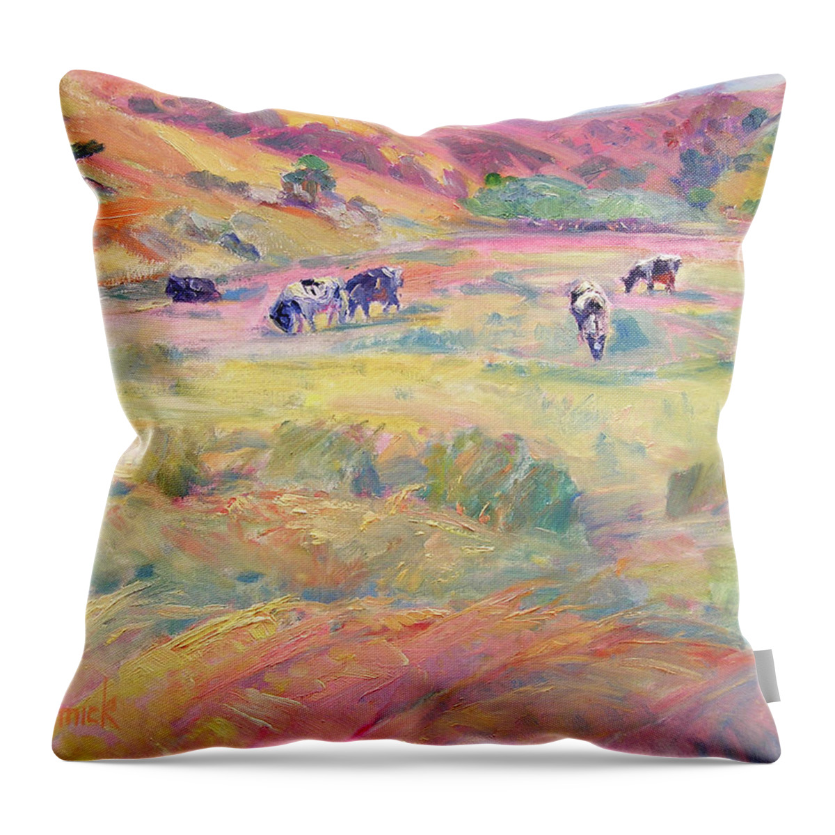 Cow Throw Pillow featuring the painting Happy Cows, Tomales Bay by John McCormick