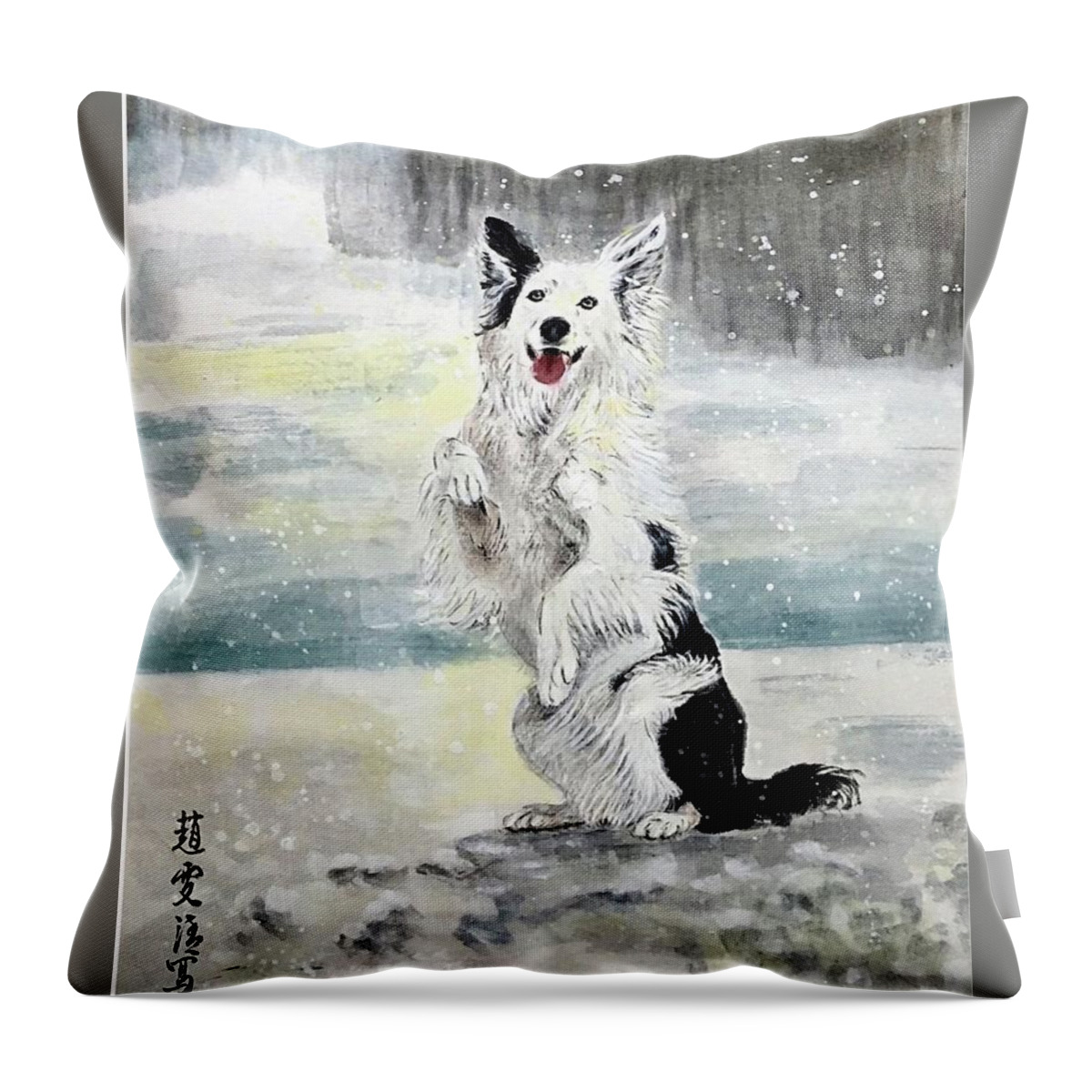 Puppy Art Throw Pillow featuring the painting Happy Puppy in the Snow by Carmen Lam