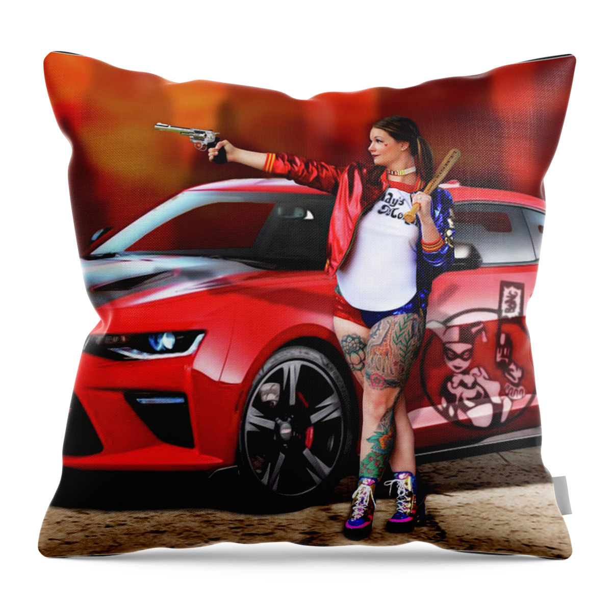 Harley Throw Pillow featuring the photograph Harley Quinn Pistols and Car by Jon Volden