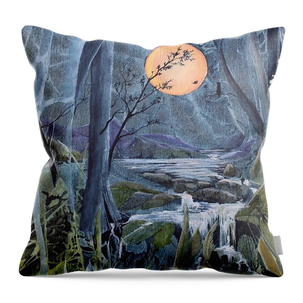 Moon Throw Pillow featuring the painting Harvest Moon - The Lakes by Jackie Mueller-Jones