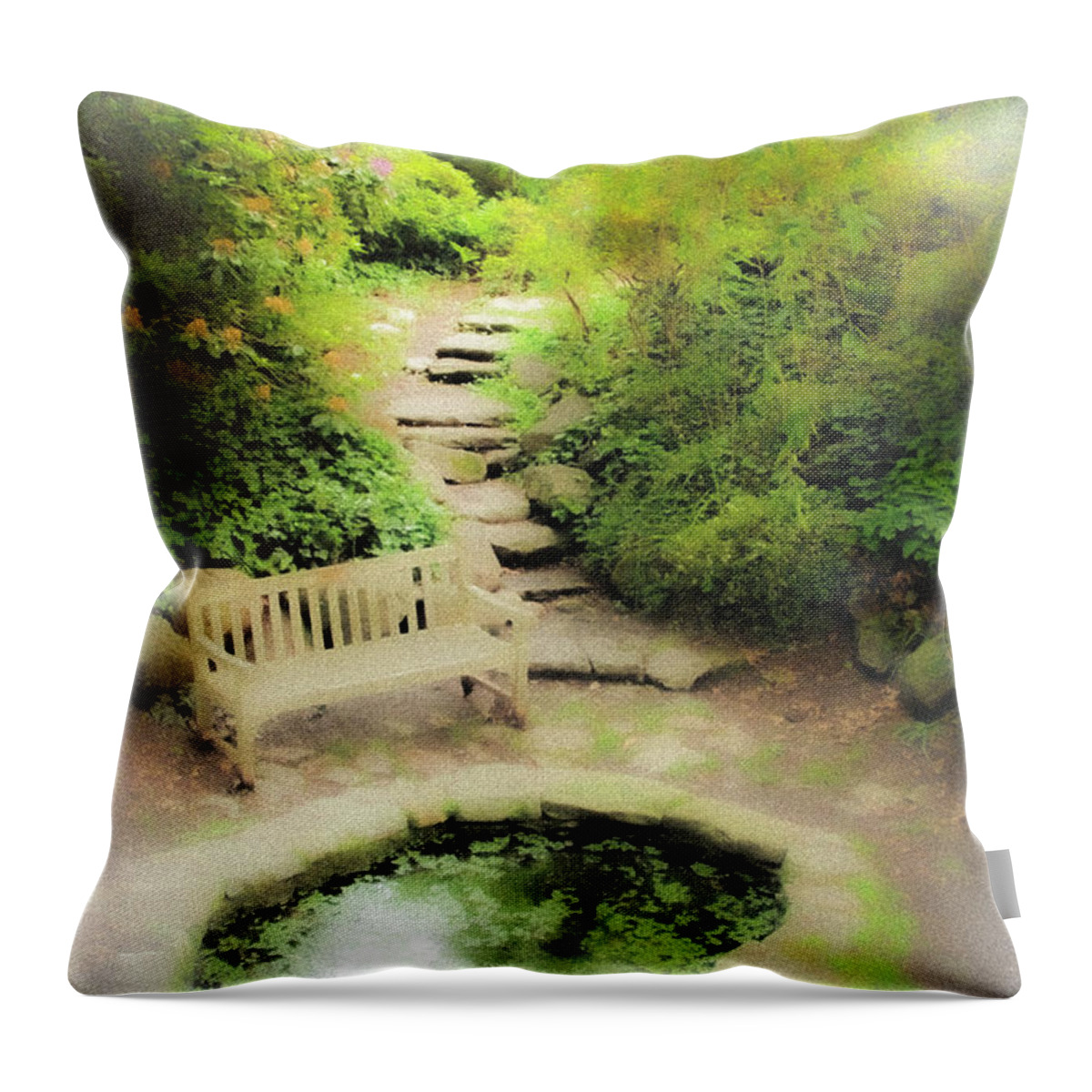 Pond Water Bench Stone Steps Fog Throw Pillow featuring the photograph Hazy Pond by John Linnemeyer