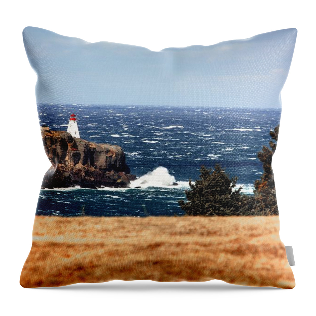 Boars Head Lighthouse The Bay Of Fundy Storm Gale Sea Ocean Waves Rocks Windy Waves Rough Petit Passage Ferry Throw Pillow featuring the photograph Head Land by David Matthews