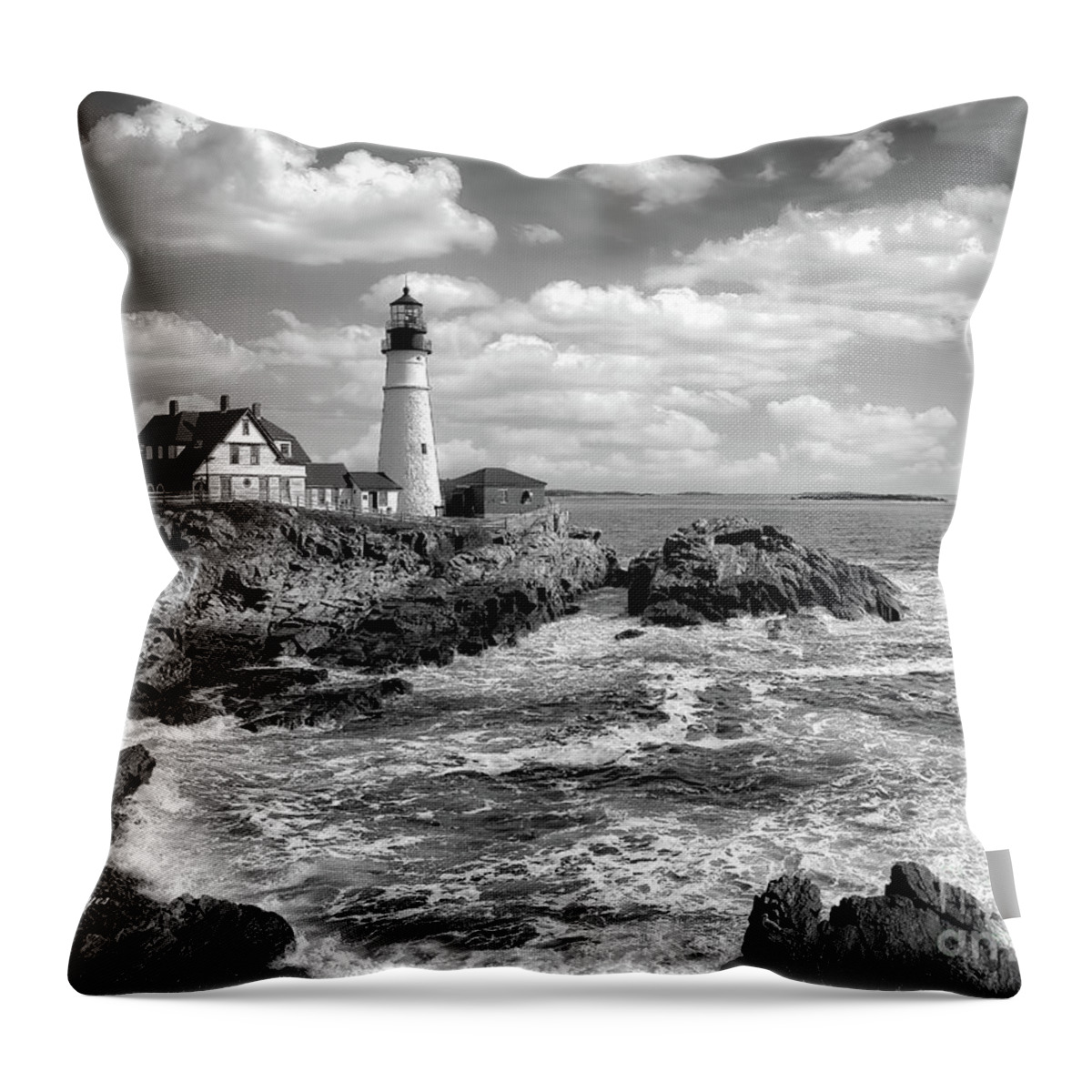 Lighthouses Throw Pillow featuring the photograph Head Light of Portland in B-W by DB Hayes
