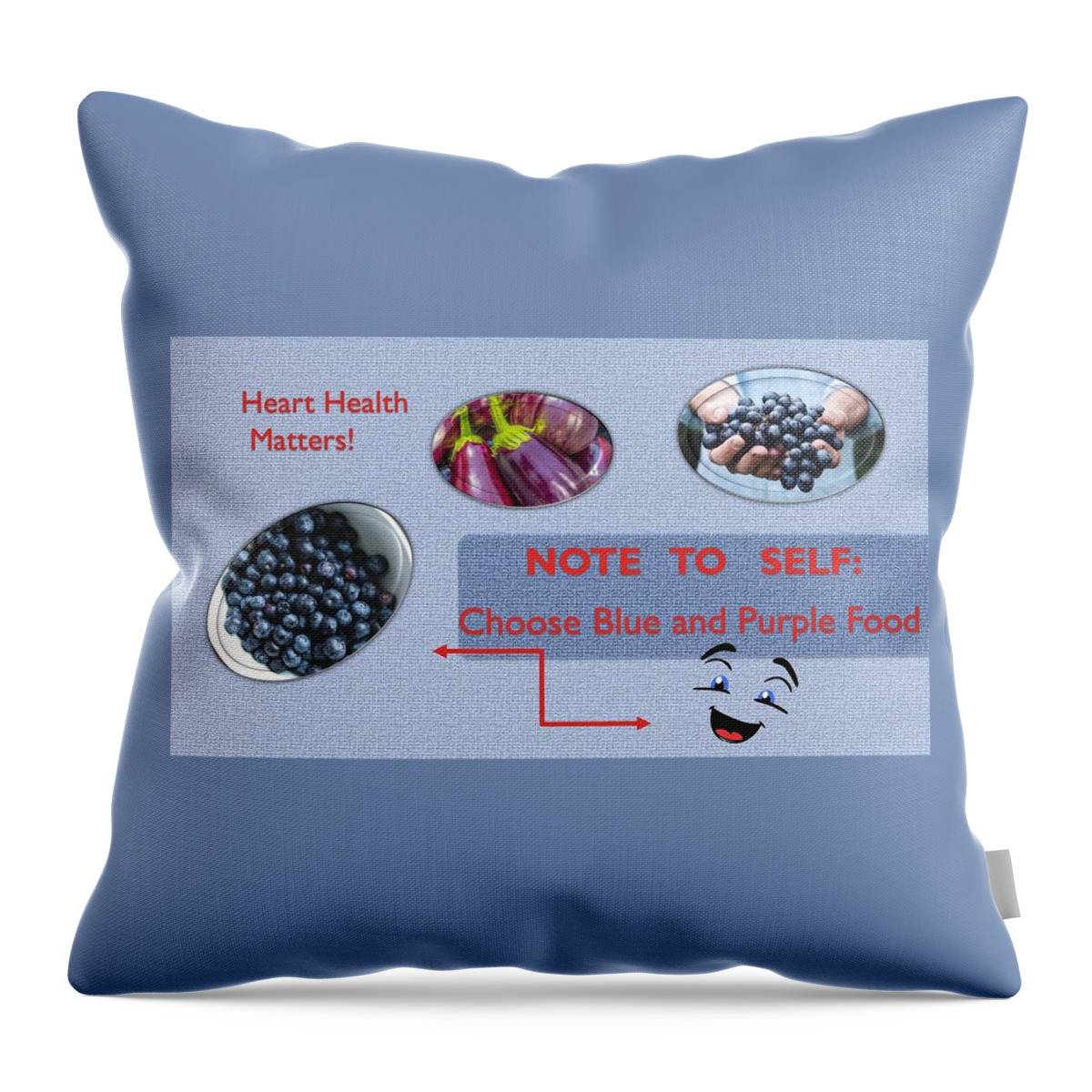 Heart Throw Pillow featuring the mixed media Heart Health Blue and Purple Foods by Nancy Ayanna Wyatt