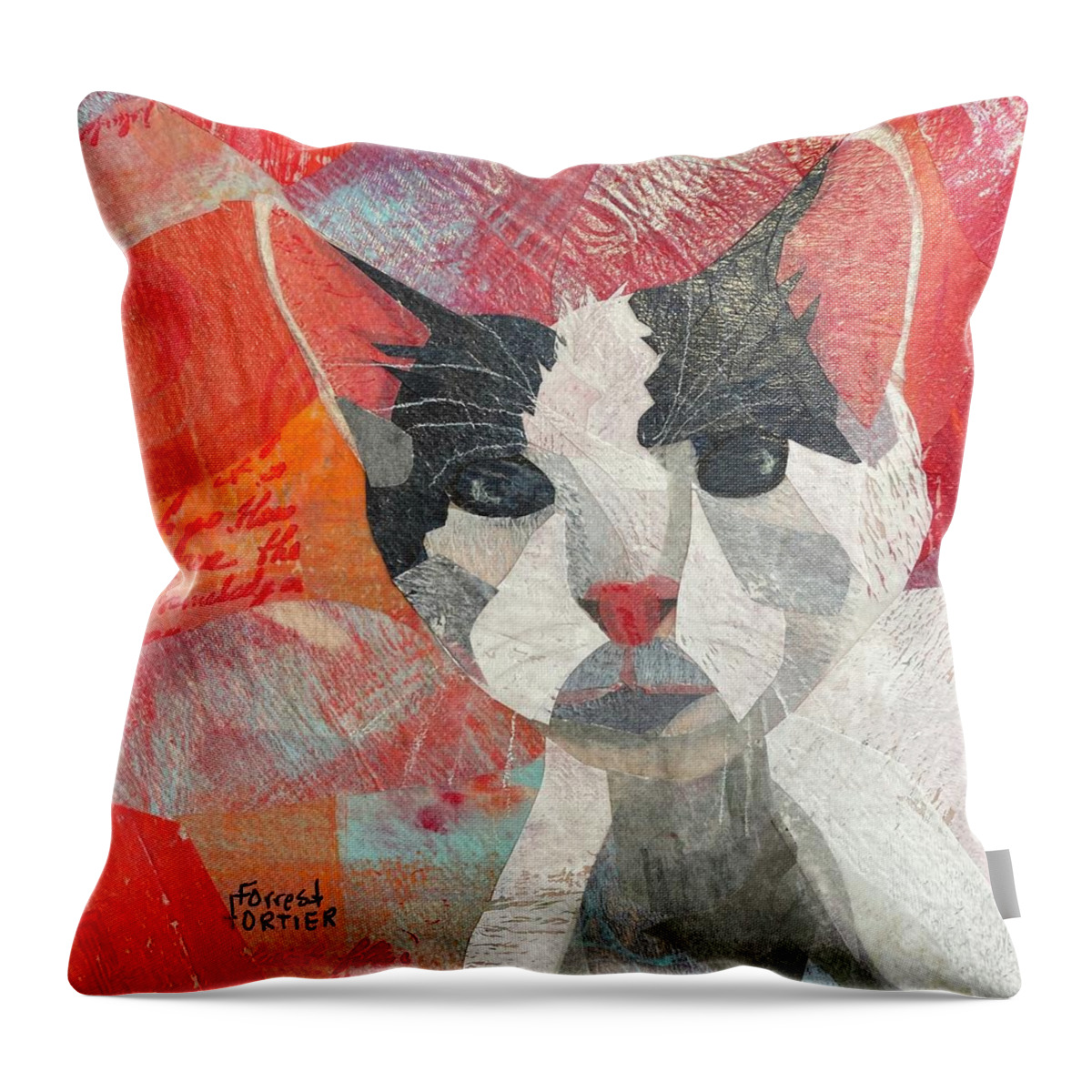 Cat Throw Pillow featuring the mixed media Hello There by Forrest Fortier