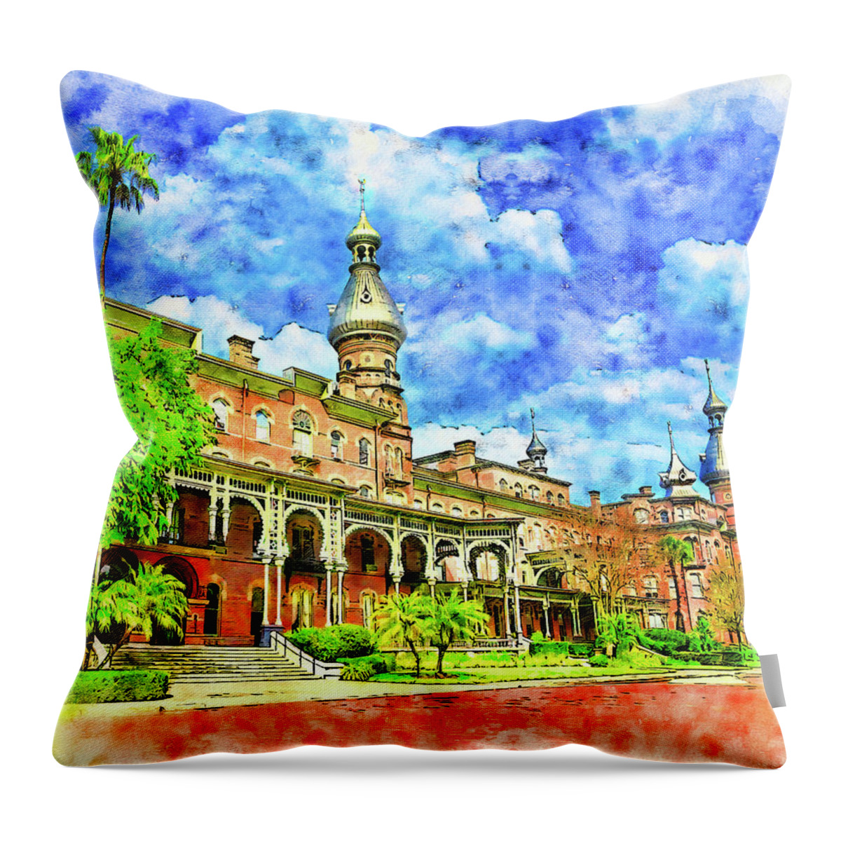 Henry B. Plant Museum Throw Pillow featuring the digital art Henry B. Plant Museum in Tampa, Florida - pen and watercolor by Nicko Prints