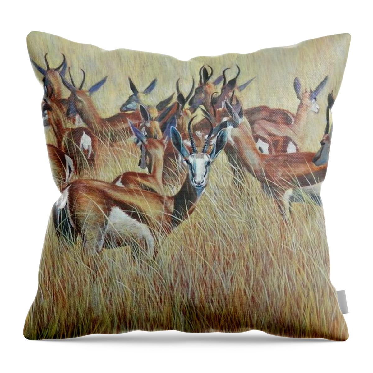 Springbok Throw Pillow featuring the painting Herd of Springbok by John Neeve