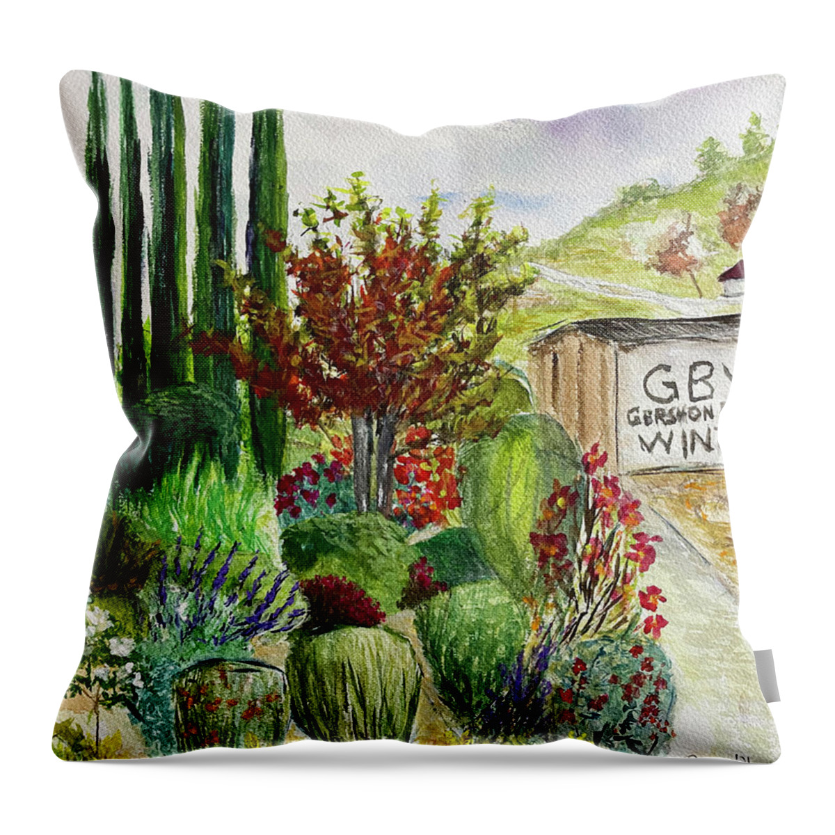 Gershon Bachus Vintners Throw Pillow featuring the painting Hill to the Barrel Room at GBV by Roxy Rich