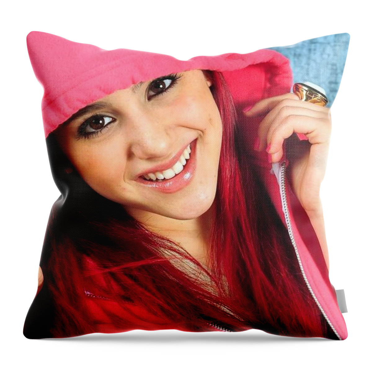 Hip Teen Girl Model Pink Hair Grin UHD Throw Pillow by Art Twister