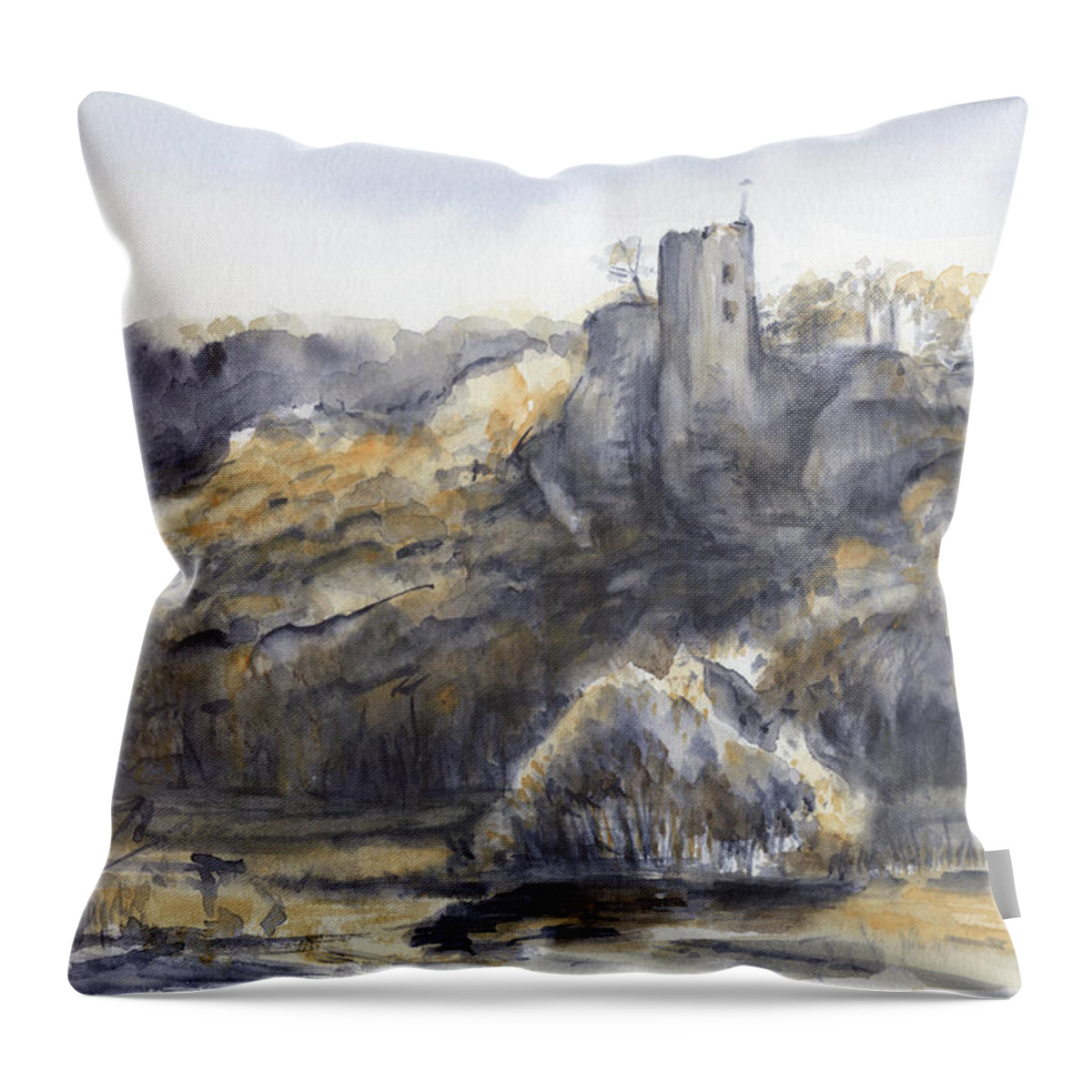 Castle Throw Pillow featuring the painting Historic castle in the middle of the magic forest by Adriana Mueller