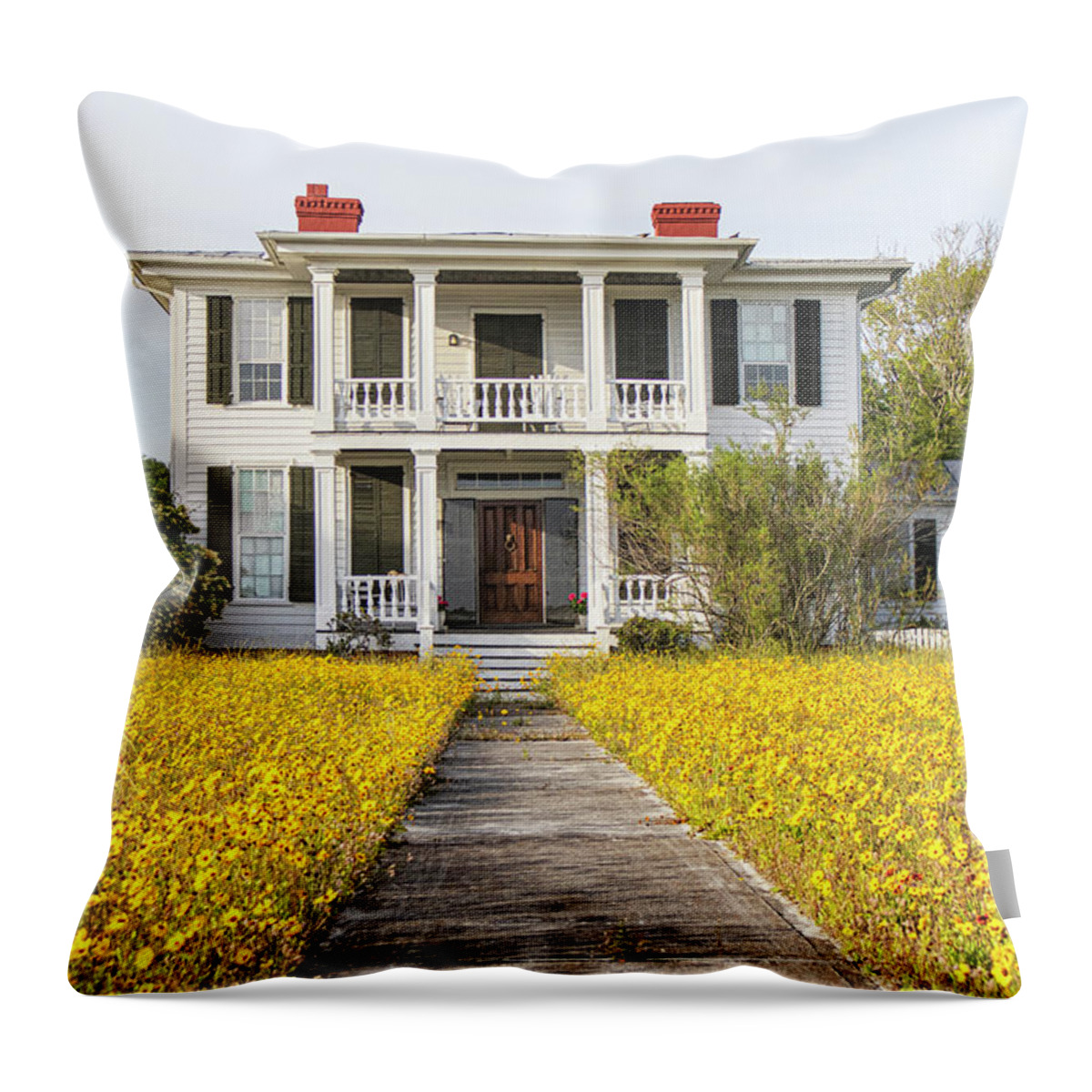 Beaufort Throw Pillow featuring the photograph HIstoric Home With Yard of Wildflowers - Beaufort North Carolina by Bob Decker
