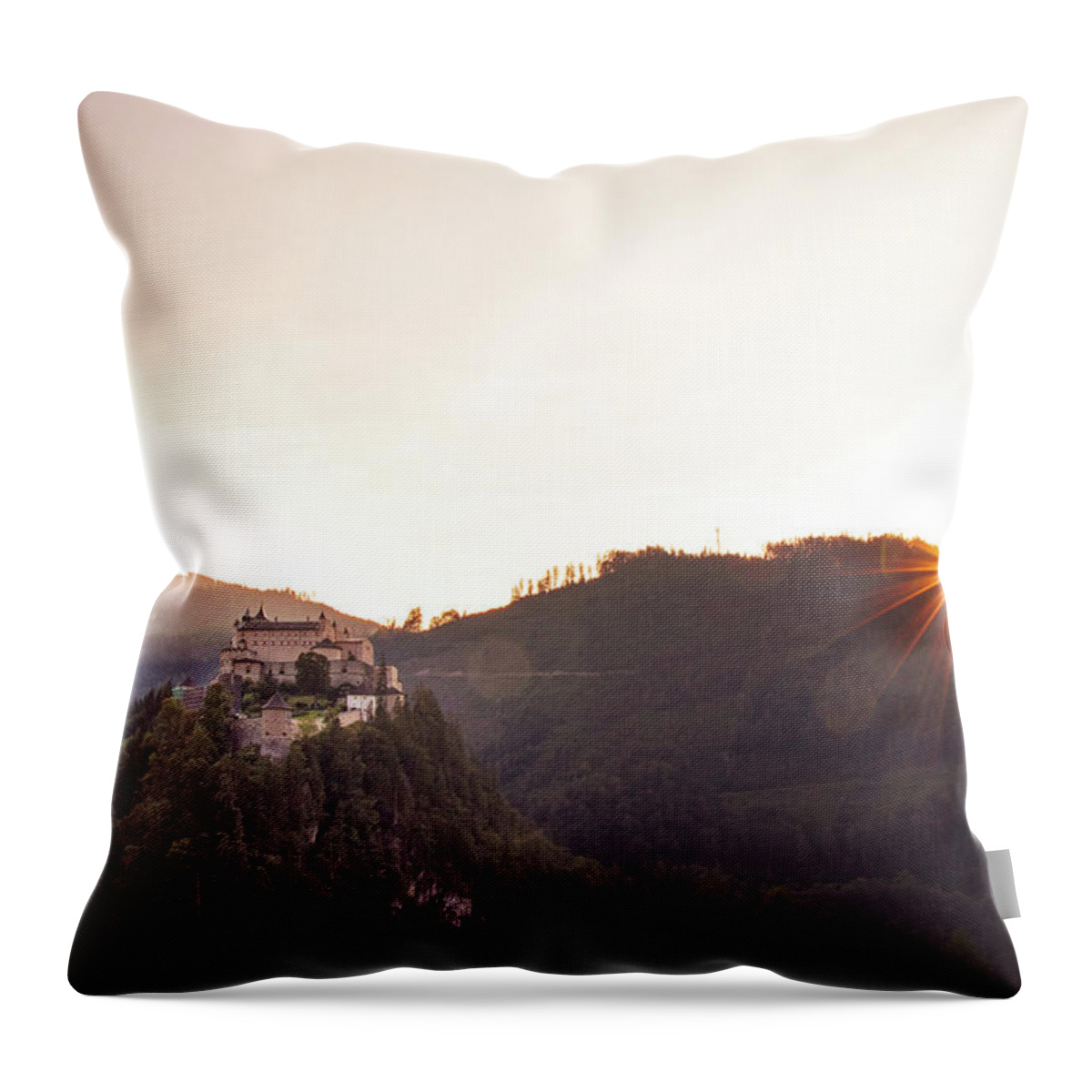 Reconstruction Throw Pillow featuring the photograph Hohenwerfen Castle at sunset by Vaclav Sonnek