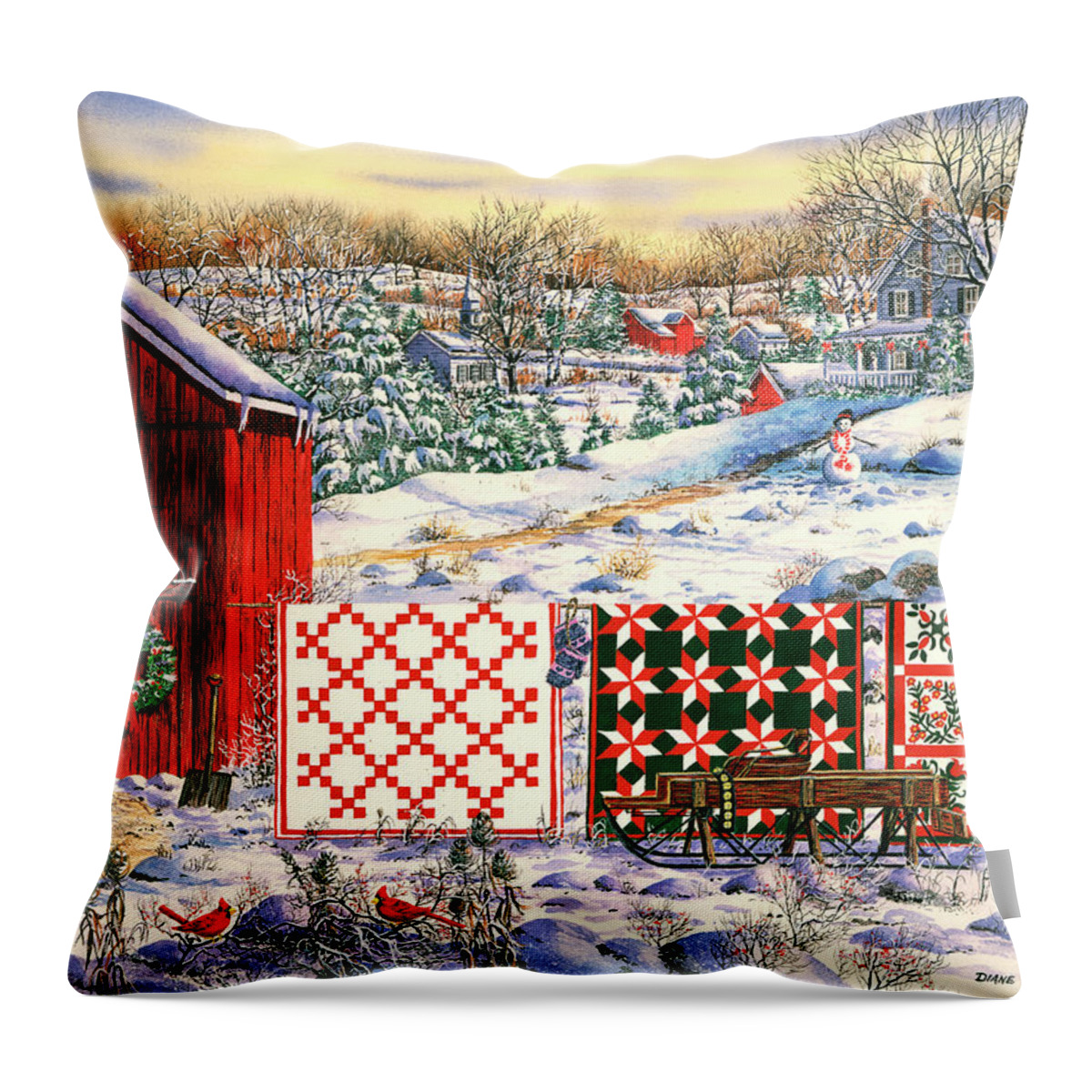 Red Barn Throw Pillow featuring the painting Holiday Airing by Diane Phalen