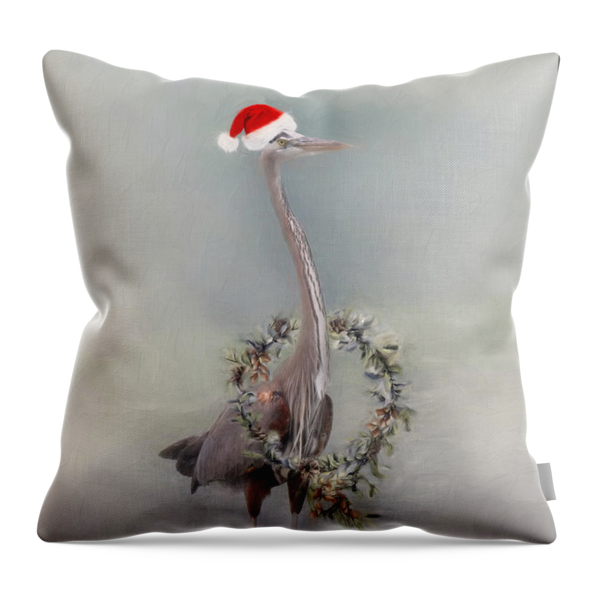 Heron With Santa Hat Throw Pillow featuring the digital art Holiday Heron by Jayne Carney