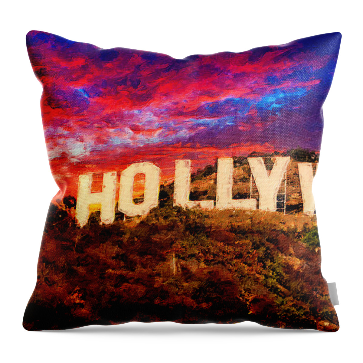 Hollywood Throw Pillow featuring the digital art Hollywood sign in the sunset light with a dramatic sky - digital painting by Nicko Prints