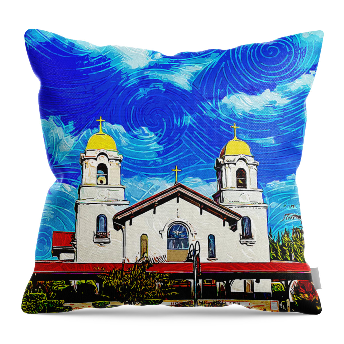 Holy Spirit Church Throw Pillow featuring the digital art Holy Spirit Church in Fremont, California - impressionist painting by Nicko Prints