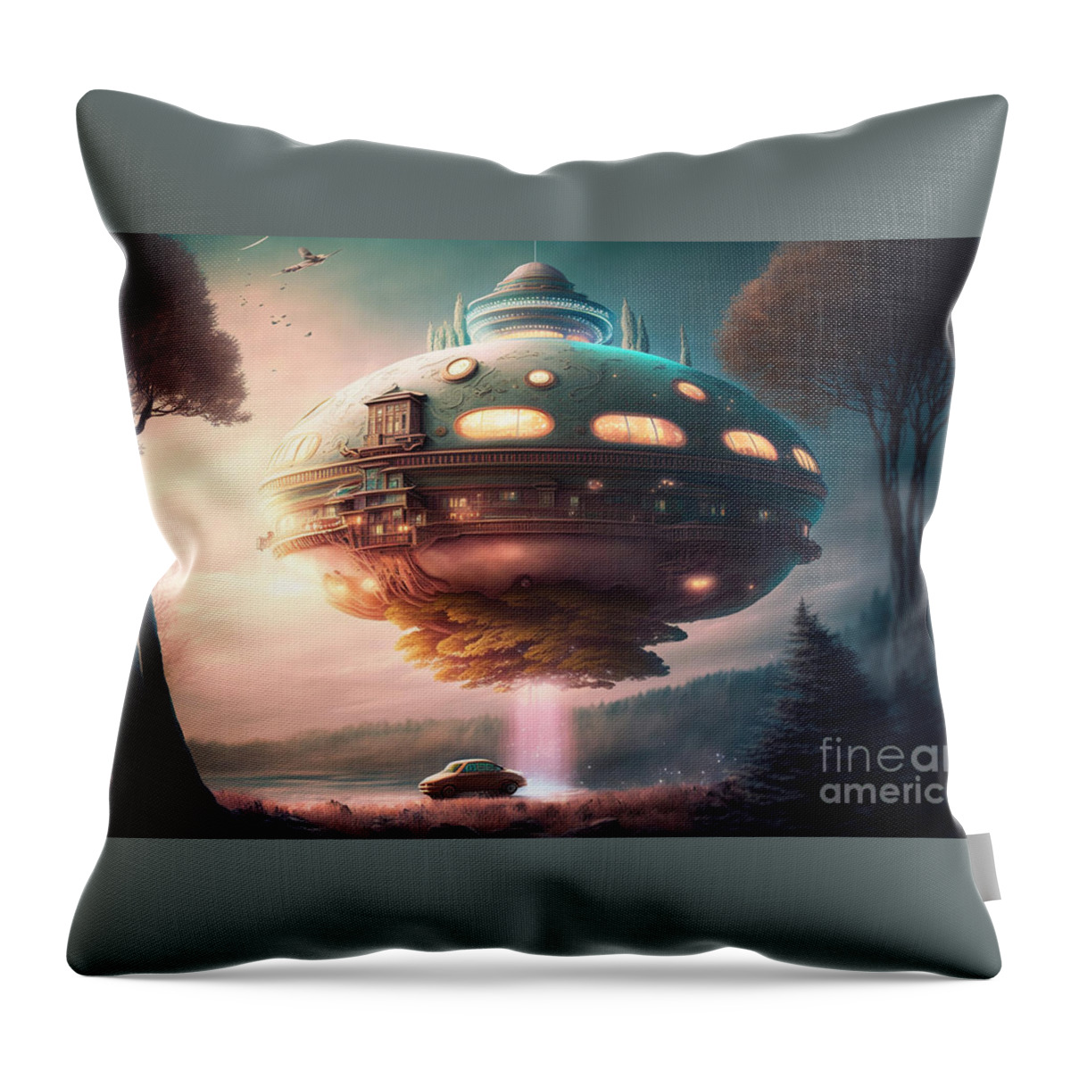 Hovering Ufo Throw Pillow featuring the mixed media Hovering UFO XII by Jay Schankman