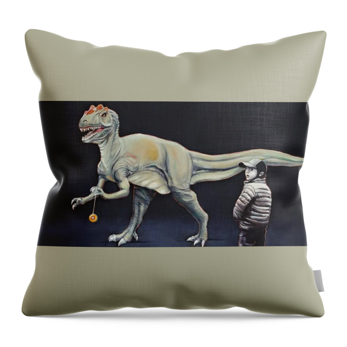 Dinosaur Throw Pillow featuring the painting How My Brother Lost His Yo-Yo by Jean Cormier