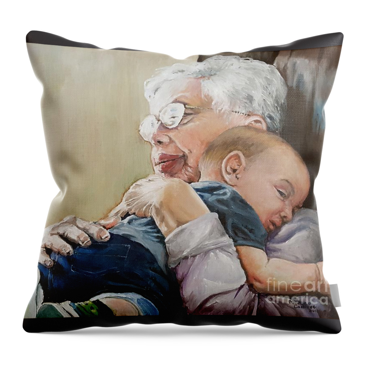 Hug Throw Pillow featuring the painting Hugs from Great Grandma by Merana Cadorette