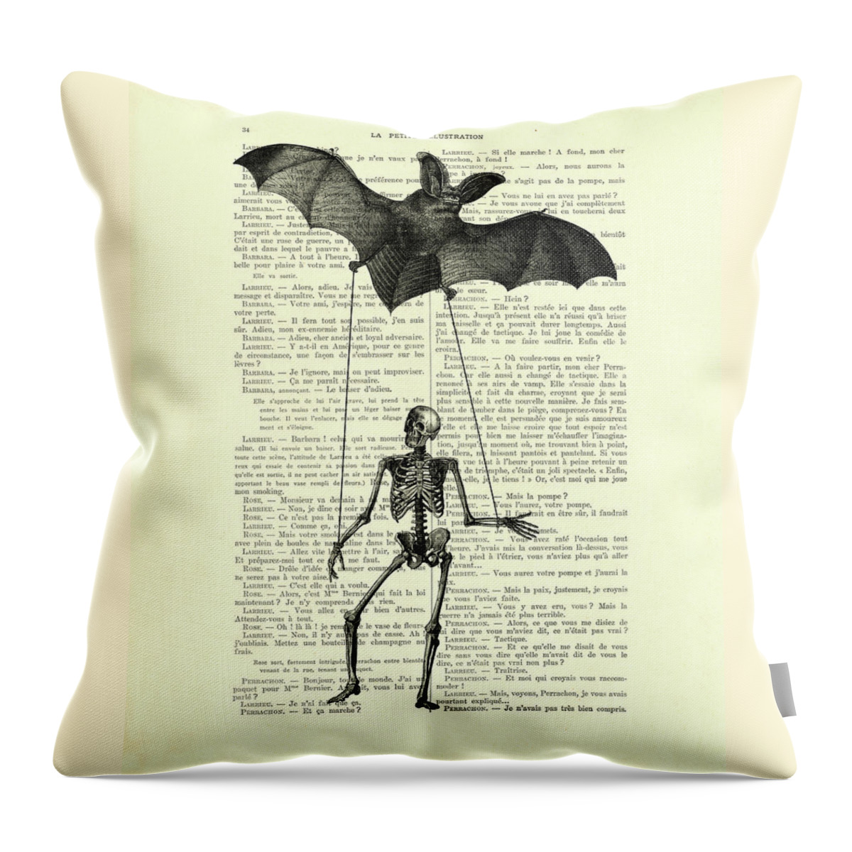 Skeleton Throw Pillow featuring the mixed media Human skeleton with giant bat art by Madame Memento