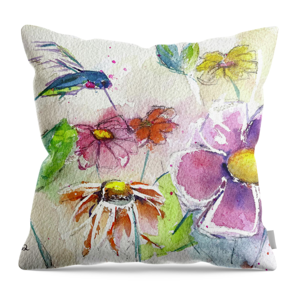 Watercolor Throw Pillow featuring the painting Hummingbird in the Garden by Roxy Rich