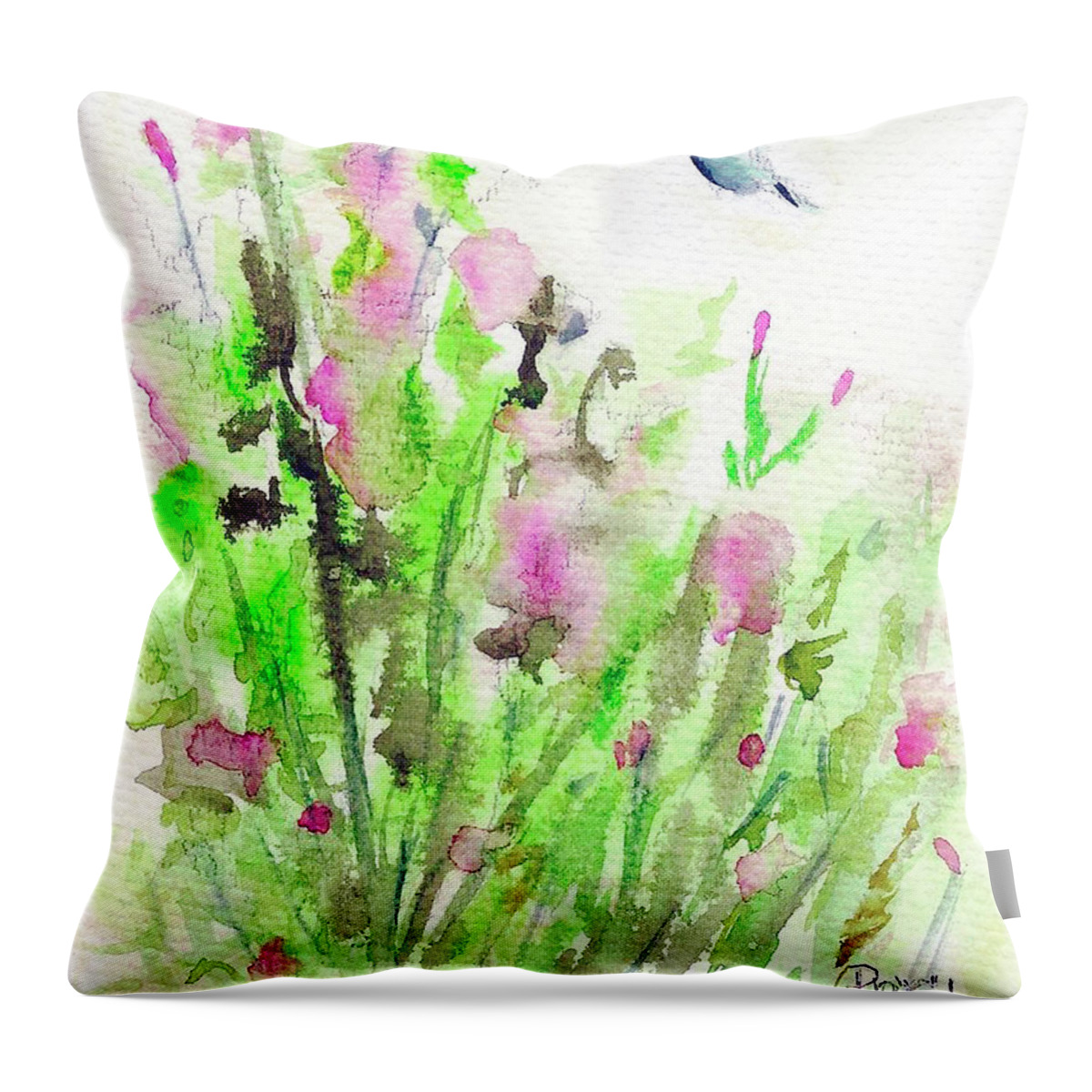 Hummingbird Throw Pillow featuring the painting Hummingbird in the Red Salvia by Roxy Rich
