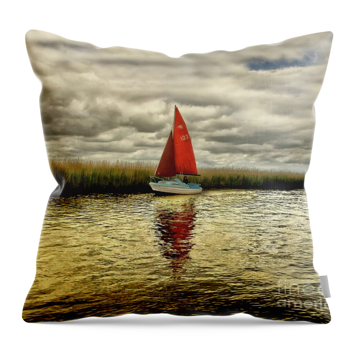 Red Blue Gold Yellow Sail Water Sailor Sailing Calm Beautiful Lake River Reeds Happy Joy Joyful Solo Single Alone Relaxing Romantic Atmospheric Solitude Clouds Colorful Color Boat Reflections Serene Solitary Tranquil Tranquillity Elements Vibrant Timeless Still Calmness Peaceful Breathtaking Mind-blowing Nature Bright Vivid Golden Patterns Surf Way Charming Relaxation Painterly Magical Sunset Dawn Delightful Serenity Cheerful Jolly Awesome Allure Seascape Simplicity Minimalism Loneliness Poetic Throw Pillow featuring the photograph Hundred shades of GOLD - RED SAIL IN GOLD WATERS by Tatiana Bogracheva