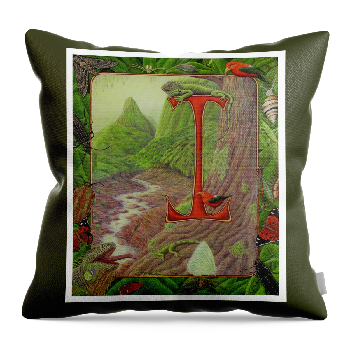 Kim Mcclinton Throw Pillow featuring the drawing I is for Iguana by Kim McClinton