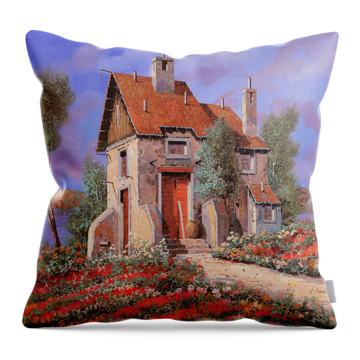 Lakescape Throw Pillow featuring the painting I Prati Rossi by Guido Borelli