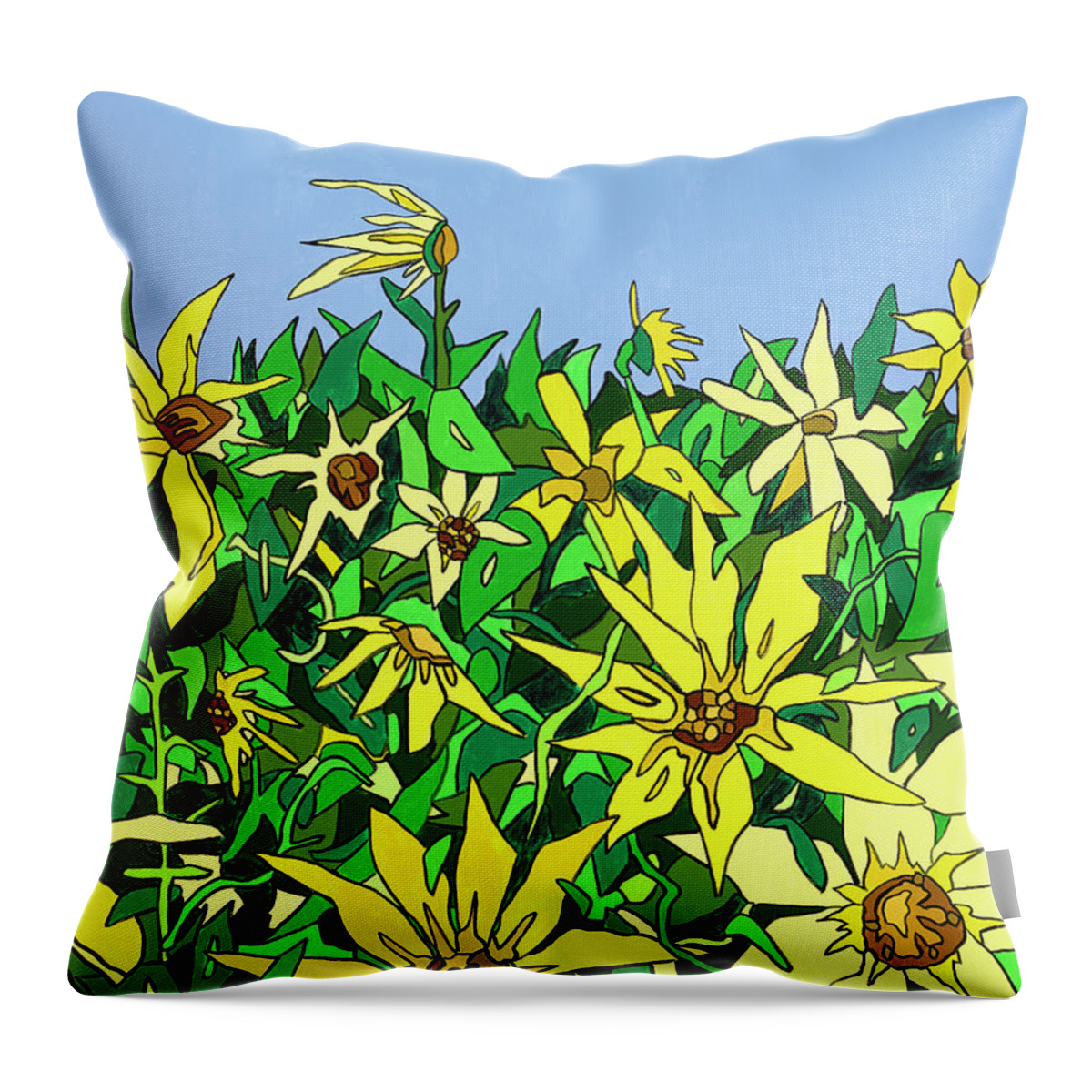Sunflowers Long Island Summer Flowers Sun Throw Pillow featuring the painting In Northfork Gardens by Mike Stanko