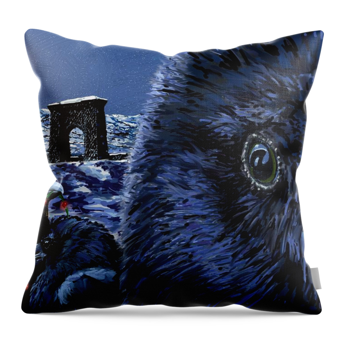 Raven Christmas Cards Throw Pillow featuring the digital art In the Eye of the Raven, For the Benefit and Enjoyment of the People by Les Herman
