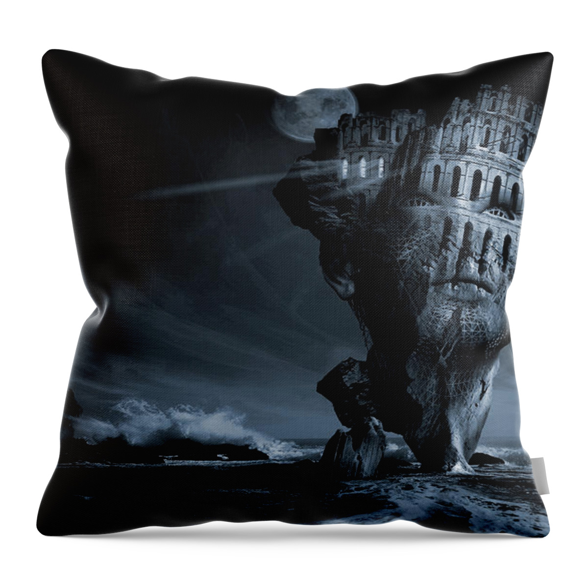 Romantic Idealistic Phantasmagoric Digital Poster Limited Edition Giclee Art Print Metaphorical Allegorical Symbolic. Horizon Sea Stone Rock Face Architecture Wave Landscape Scenery Philosophical Thoughtful Idealistic Art Surrealism Digital Picture Blue Photo-manipulation 3d Matte Painting Photography Surreal Surrealistic Throw Pillow featuring the digital art Insomnia or Nocturnal Awakening by George Grie