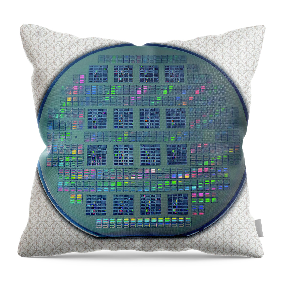 Intel Throw Pillow featuring the photograph Intel 4001 ROM CPU Silicon Wafer Chipset Integrated Circuit, Silicon Valley 1971 by Kathy Anselmo