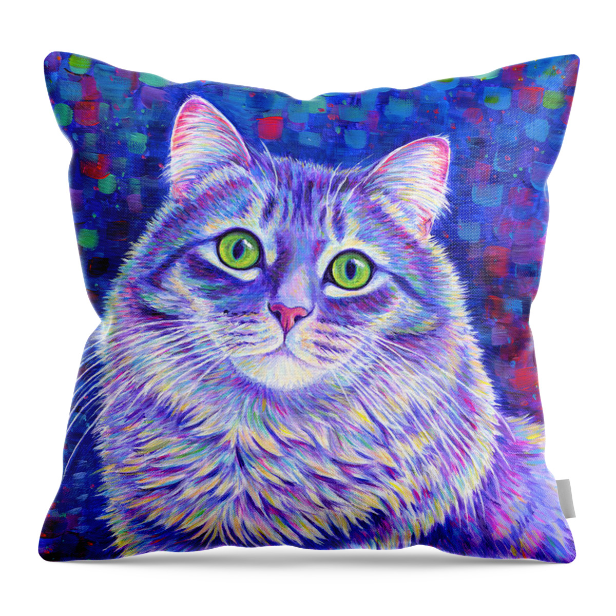 Gray Tabby Throw Pillow featuring the painting Iridescence - Colorful Gray Tabby Cat by Rebecca Wang