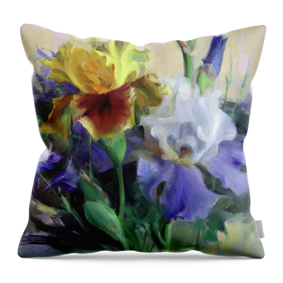 Iris Throw Pillow featuring the painting Irises and Columbine by Anna Rose Bain