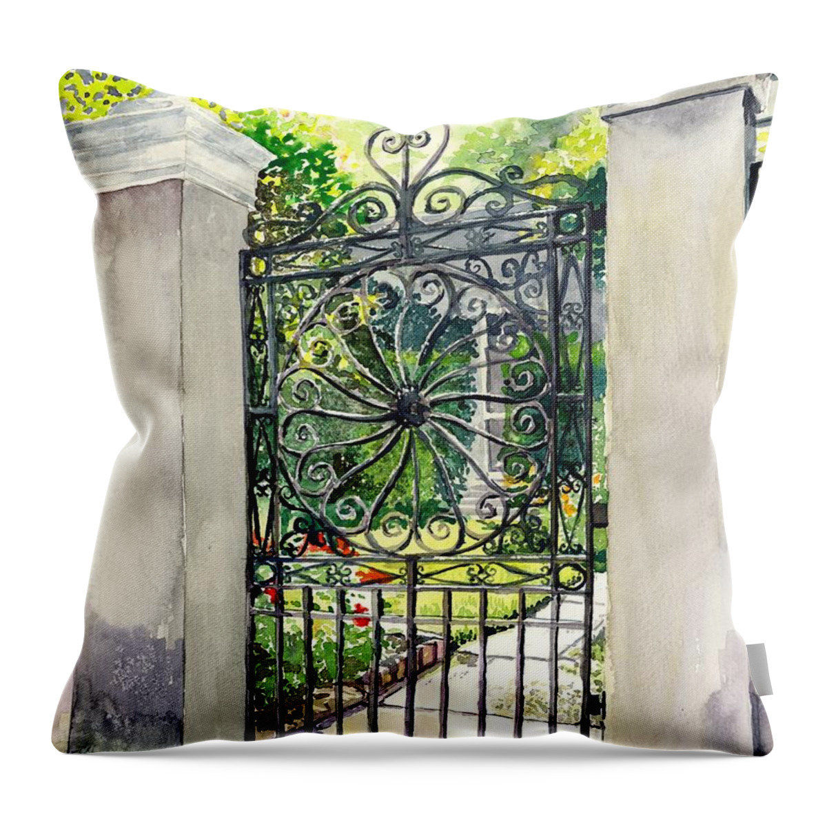 Iron Throw Pillow featuring the painting Iron Wheel gate by Merana Cadorette