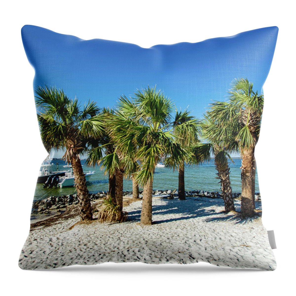 Island Throw Pillow featuring the photograph Island Palm Trees and Boats, Pensacola Beach, Florida by Beachtown Views