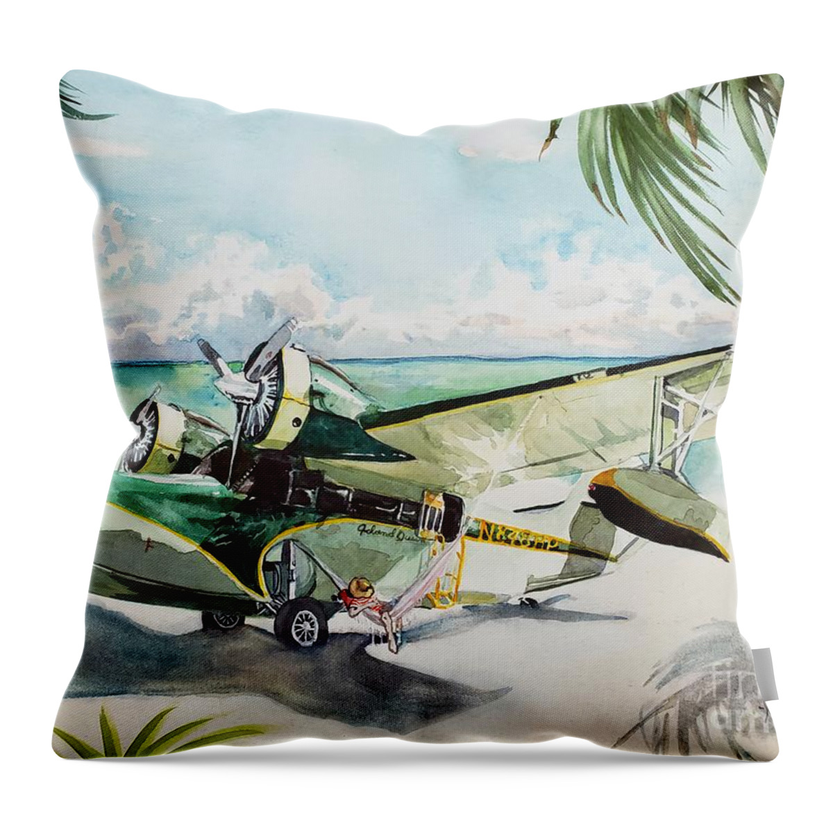 Aviation Throw Pillow featuring the painting Island Queen by Merana Cadorette