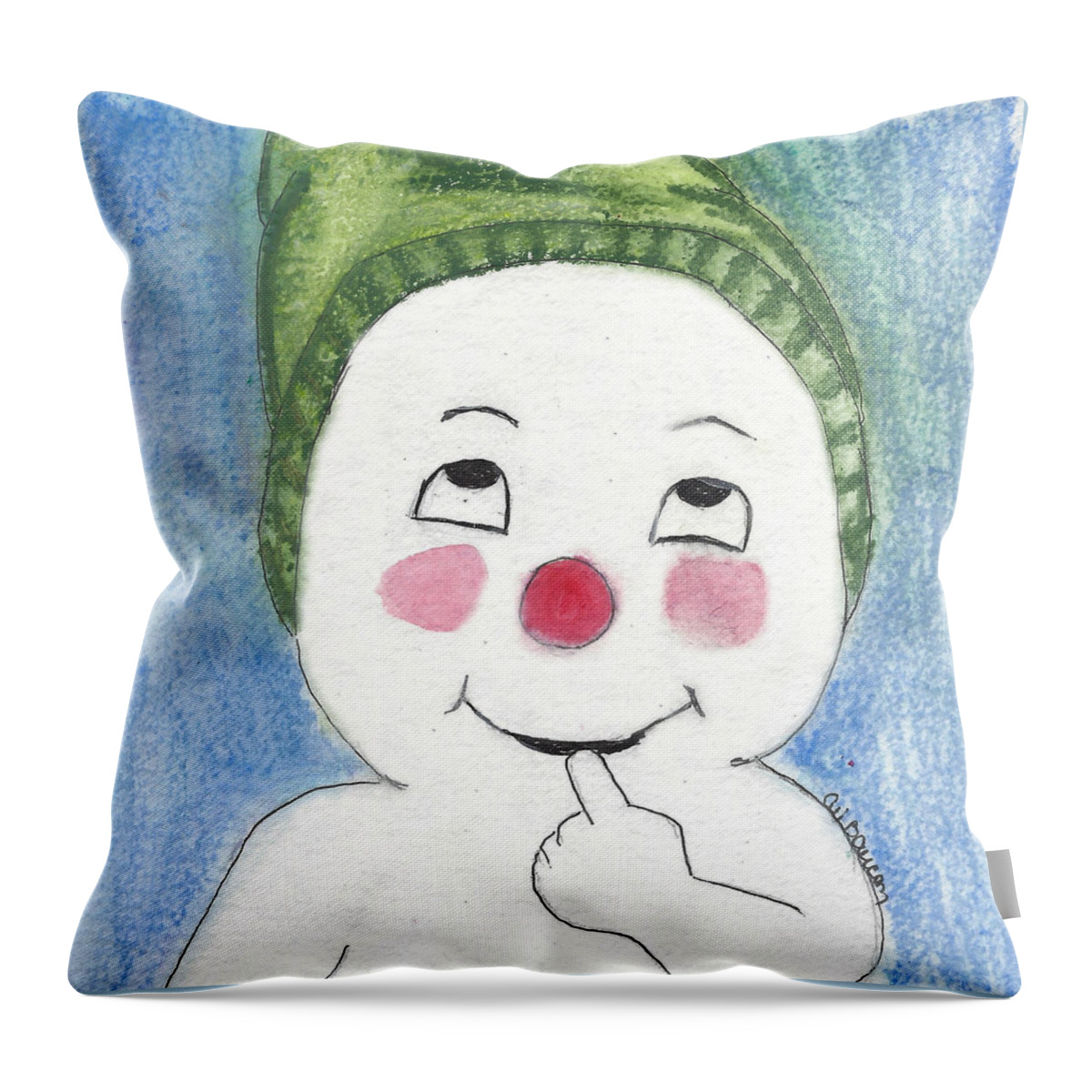 Snowman Throw Pillow featuring the painting Jacques Frost Snowman with Rosy cheeks and a Green Toboggan by Ali Baucom