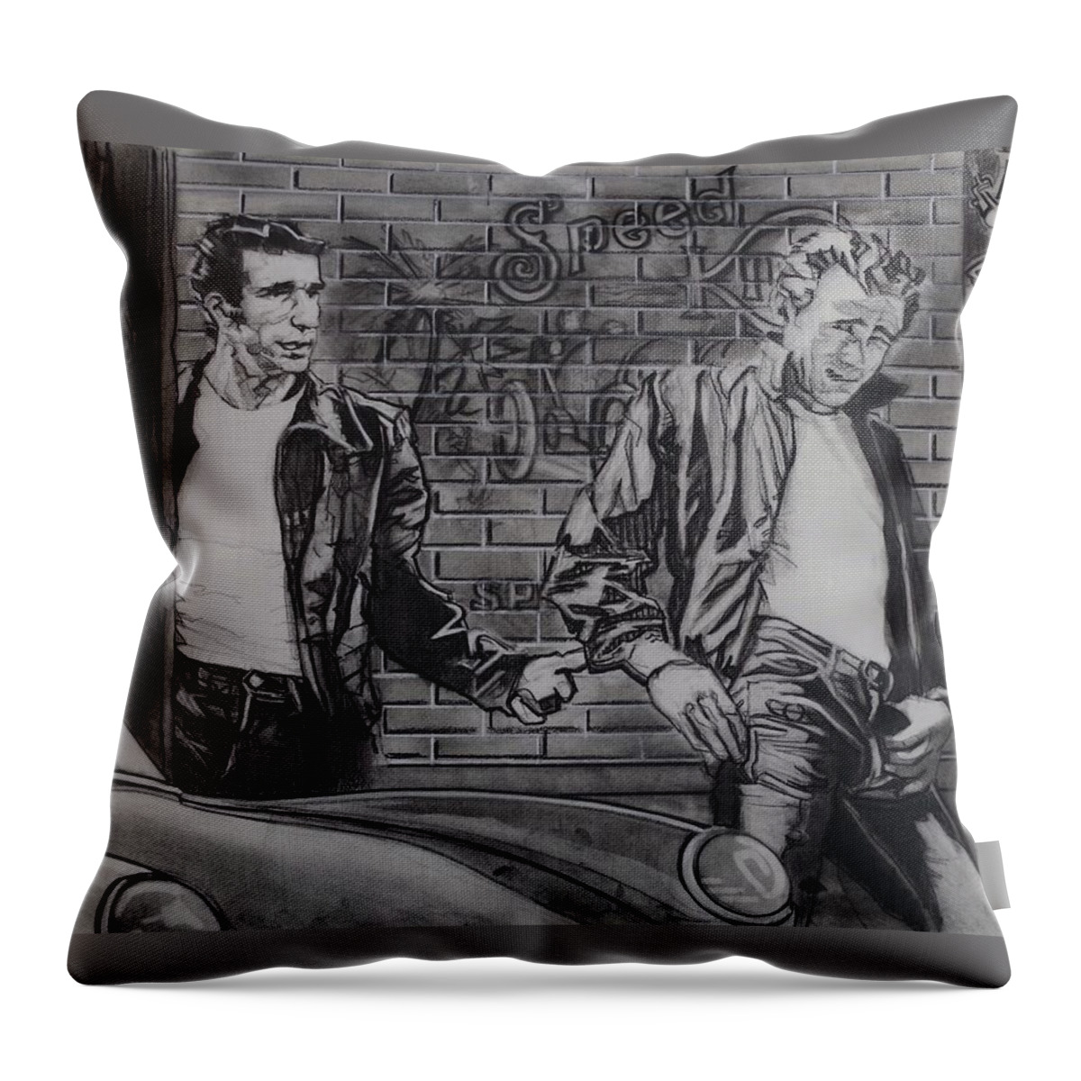 Charcoal Pencil On Paper Throw Pillow featuring the drawing James Dean Meets The Fonz by Sean Connolly