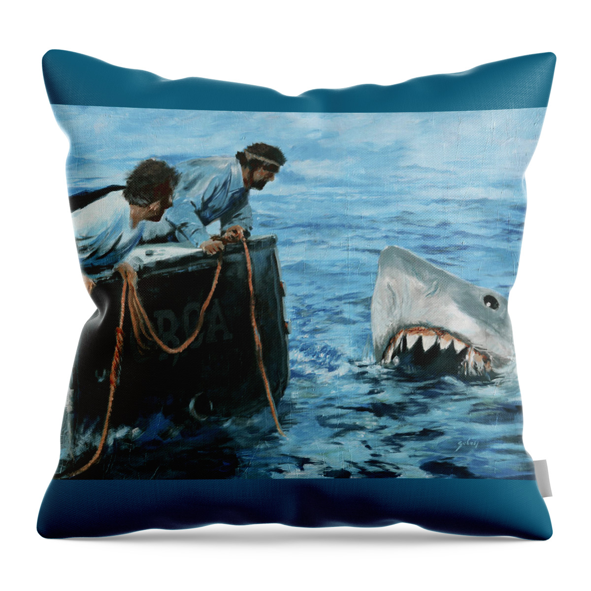 Jaws Throw Pillow featuring the painting Jaws tribute - A bigger boat by Sv Bell