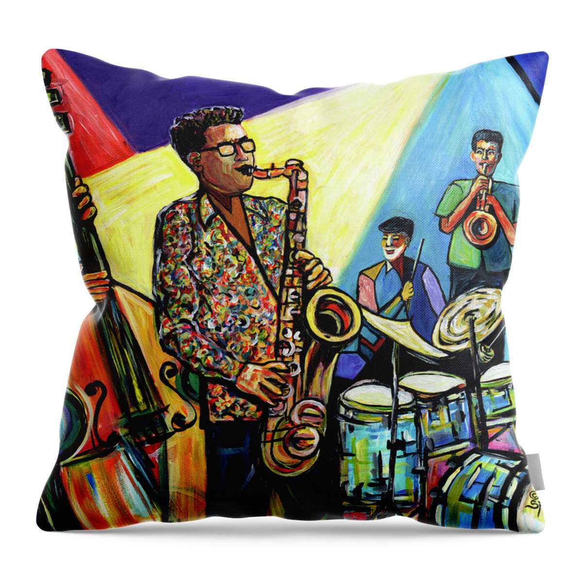 Abstract Art Throw Pillow featuring the painting Jazz at Timucua with Jeff Rupert Quartet by Everett Spruill